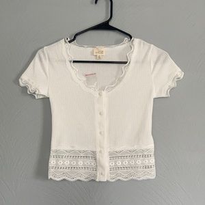 Caution to the Wind White Ribbed Knit Lace Button Up Crop Top